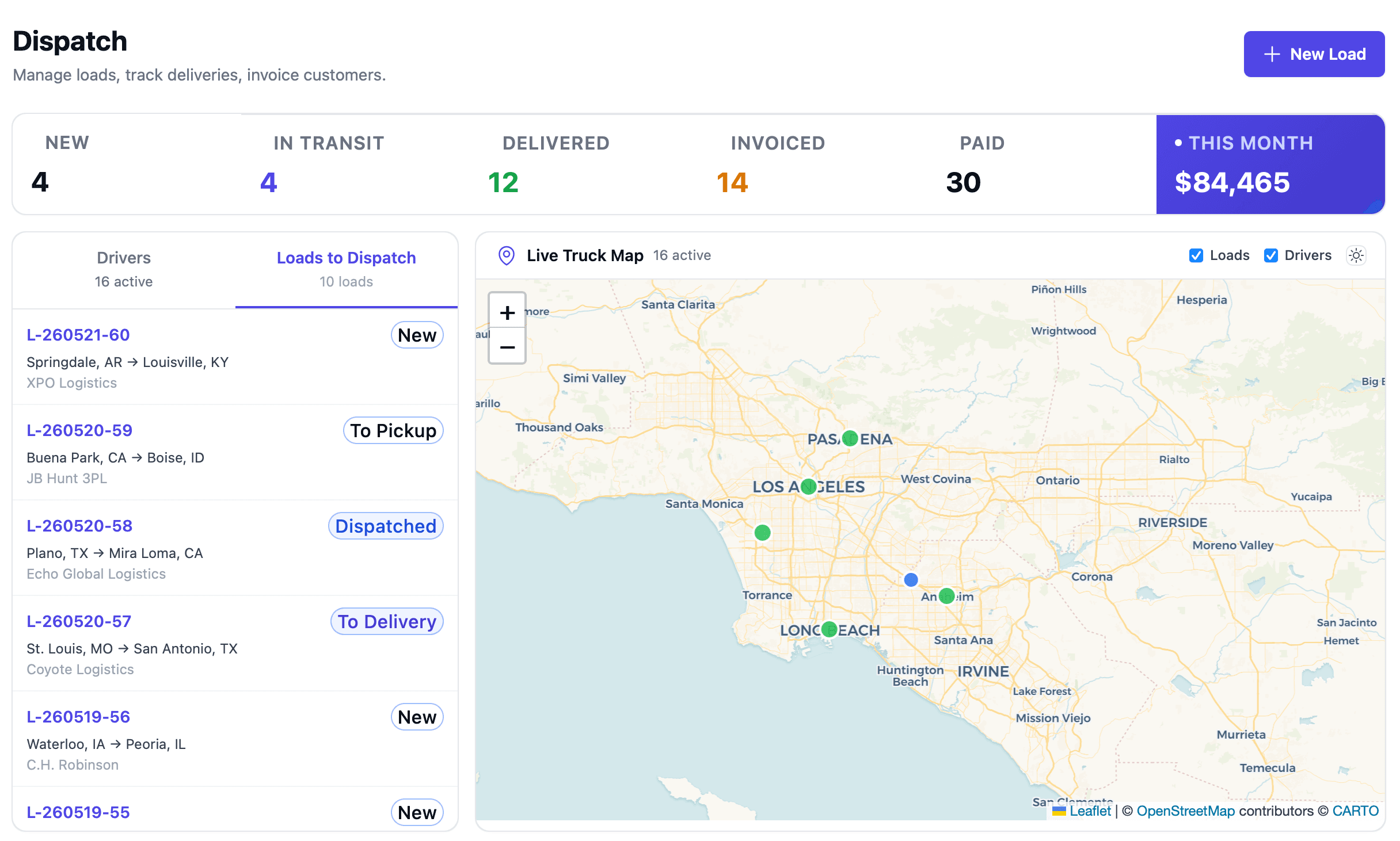 FleetCollect dispatch dashboard showing load KPIs, driver list, and live truck map