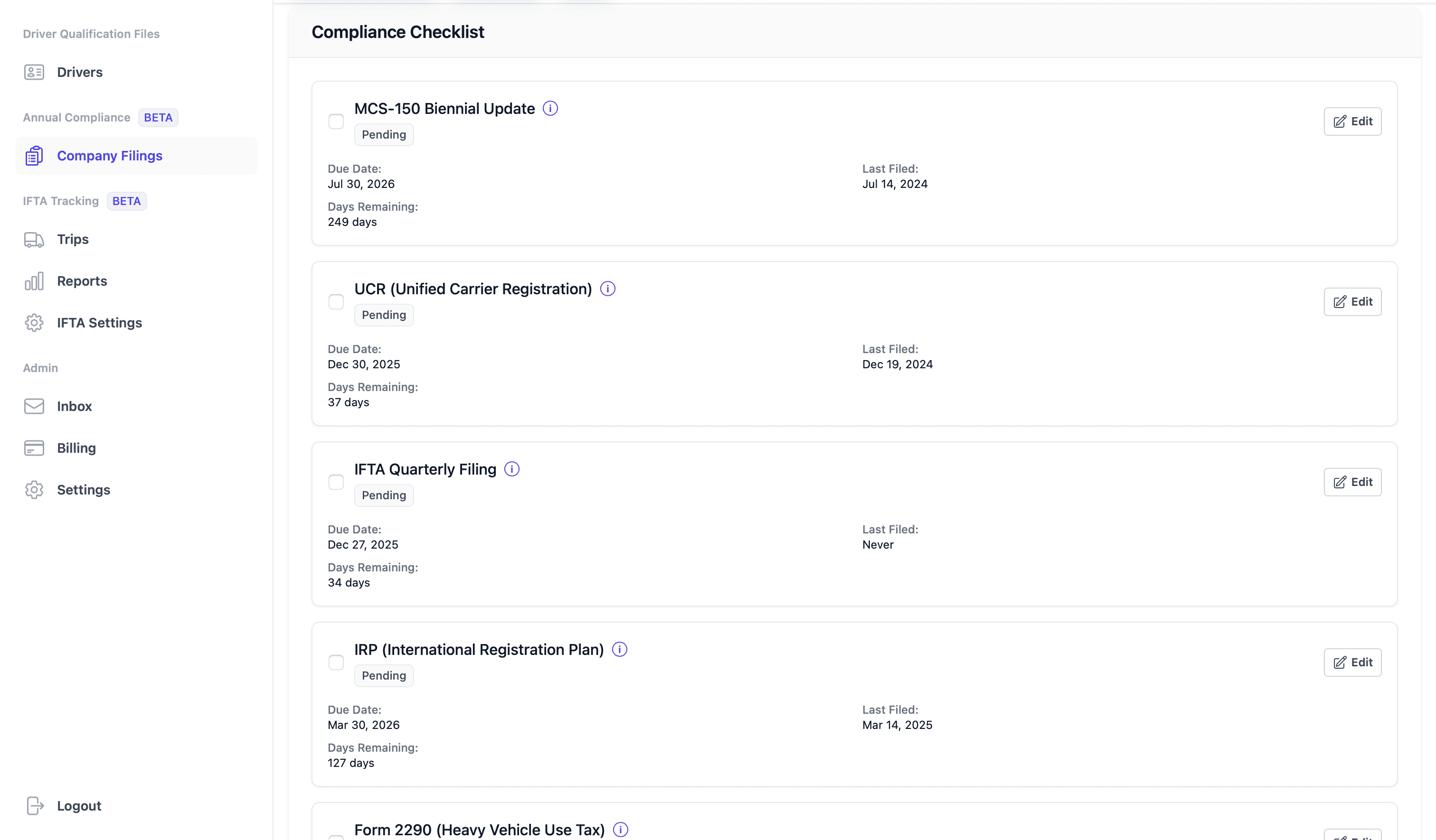 Company filings dashboard showing MCS-150, UCR, IFTA, IRP, and Form 2290 compliance tracking with due dates and days remaining