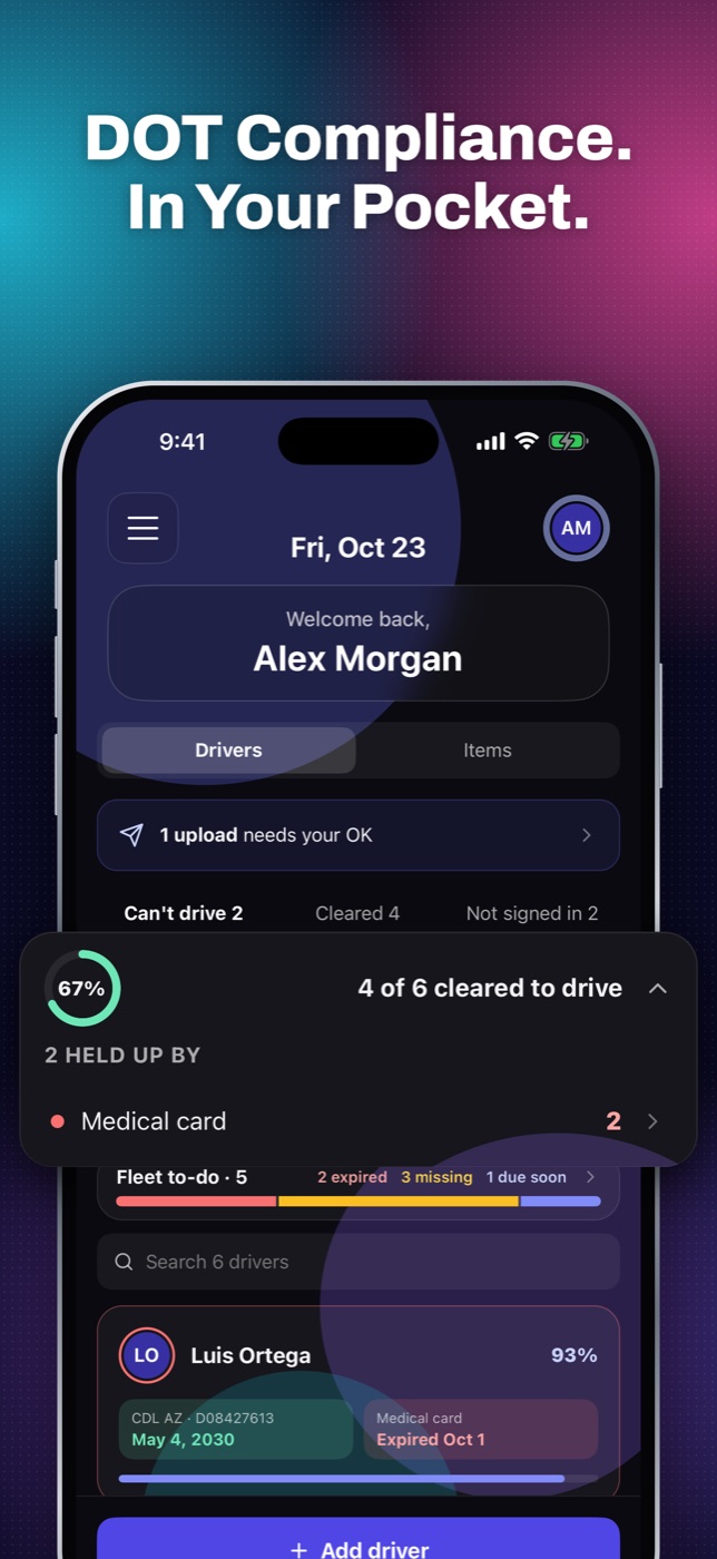 FleetCollect Compliance app: DOT compliance in your pocket, showing which drivers are cleared to drive