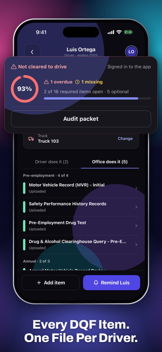 FleetCollect Compliance app: every DQF item in one file per driver