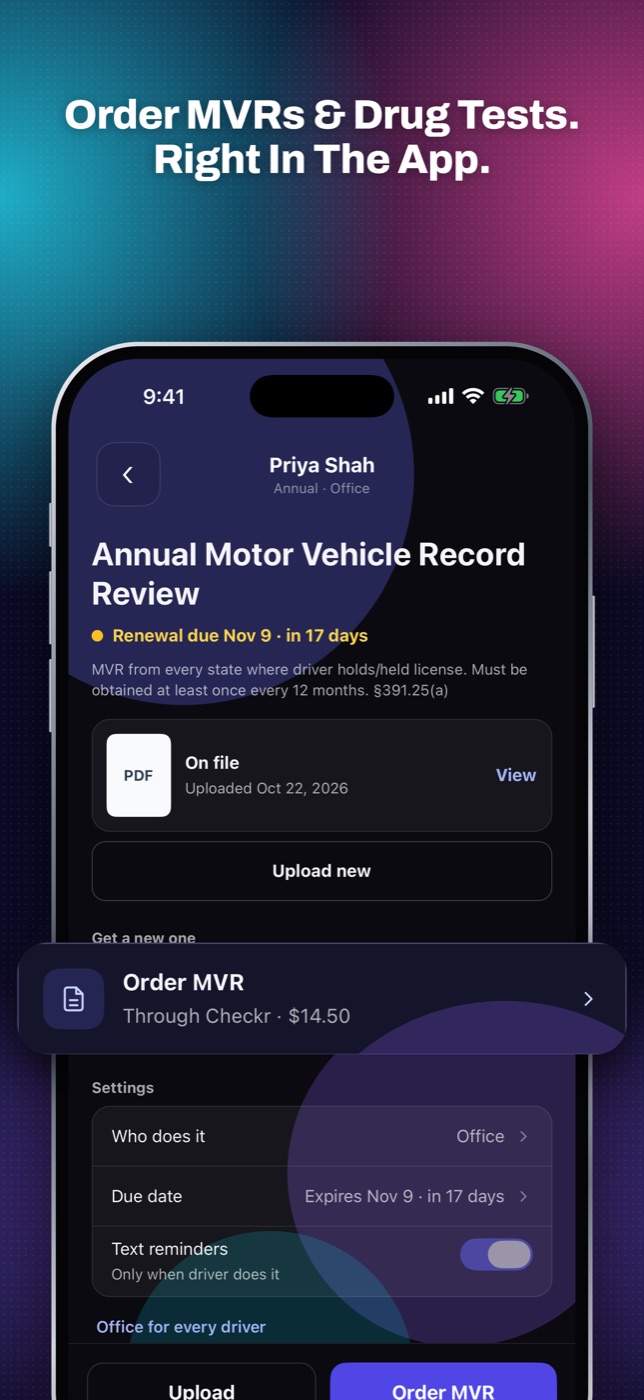 FleetCollect Compliance app: order MVRs and drug tests right in the app