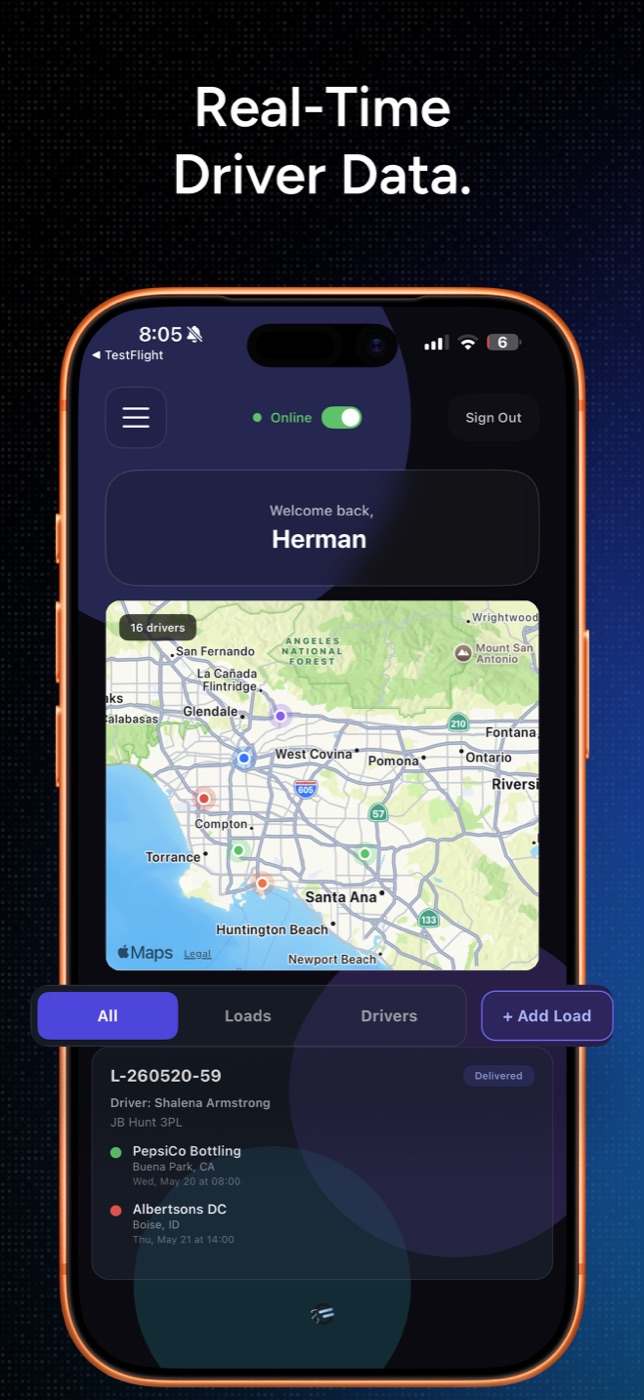 FleetCollect Dispatch app: real-time driver locations on a live map