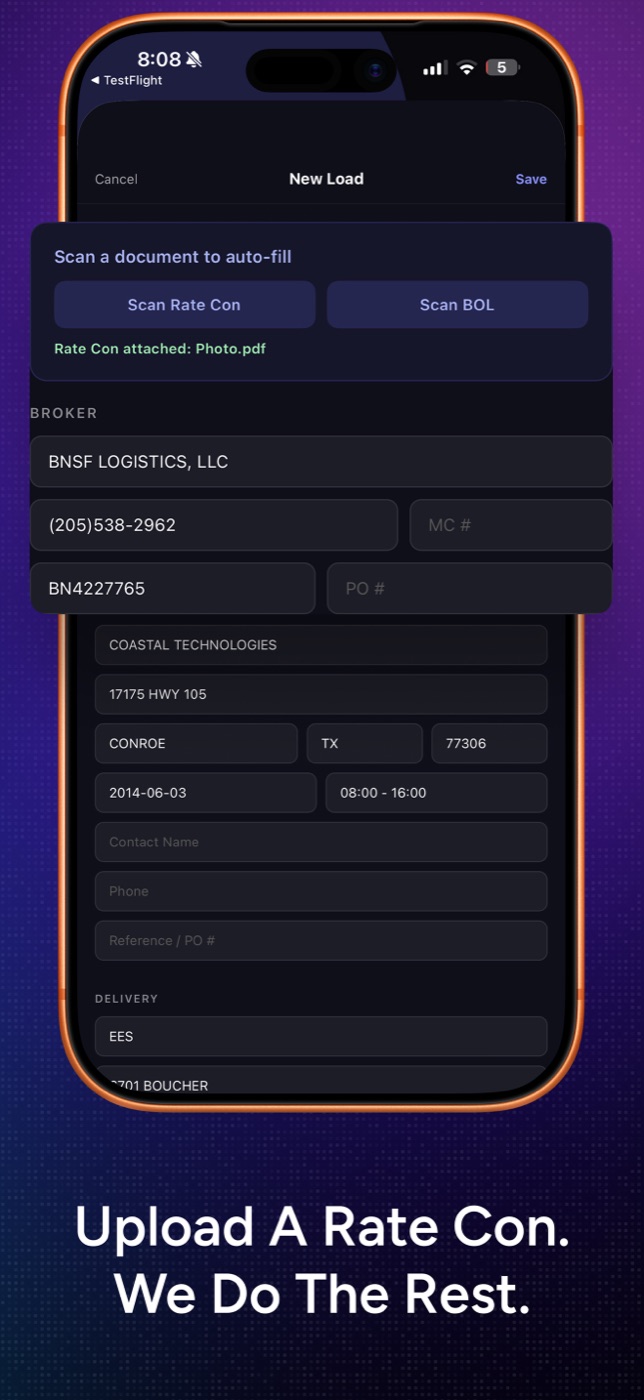 FleetCollect Dispatch app: upload a rate con and the load fills itself in