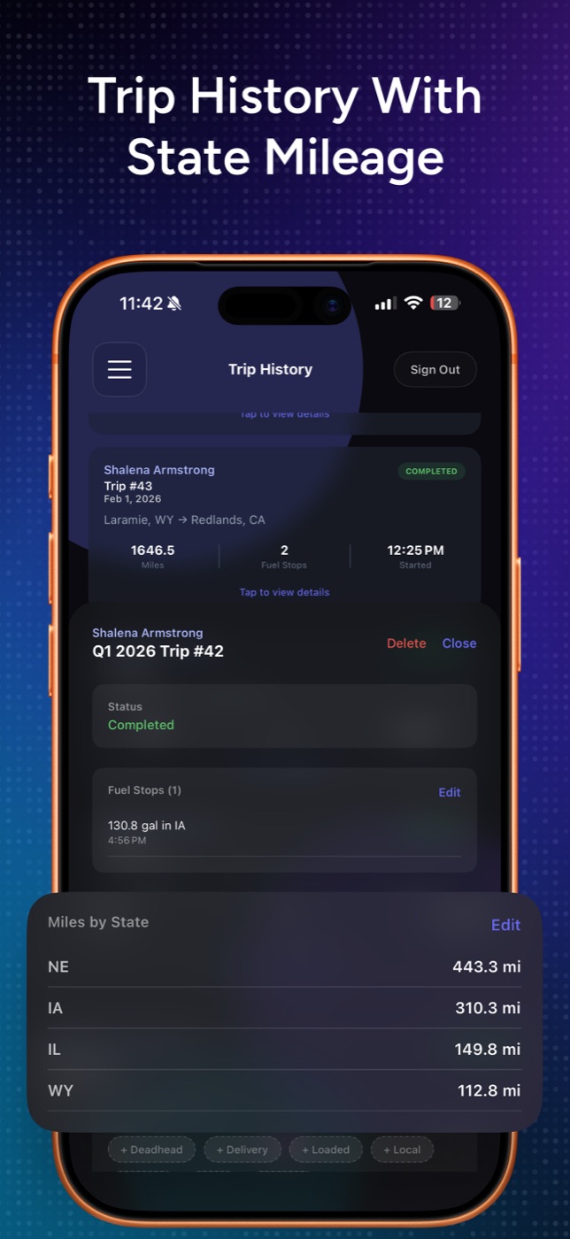 FleetCollect IFTA app: trip history with miles by state
