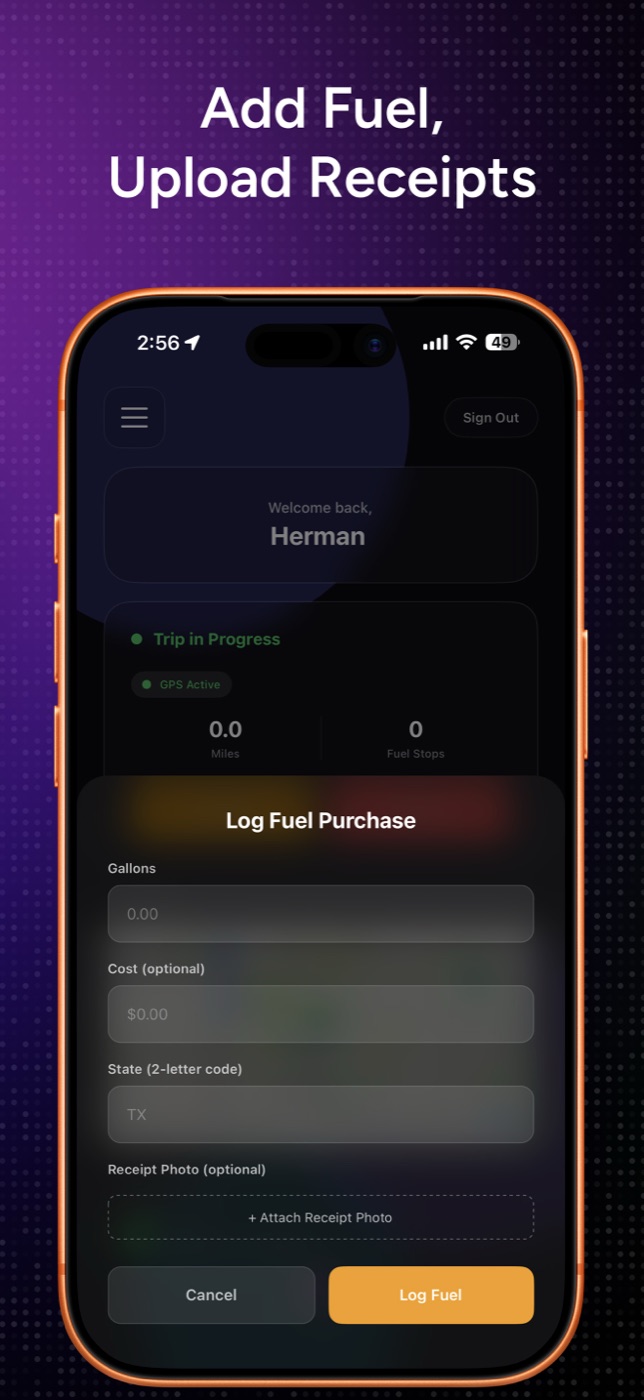 Logging a fuel purchase and receipt by state