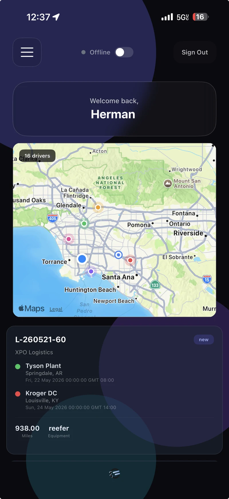 iPhone Dispatch app showing the live fleet map with active drivers