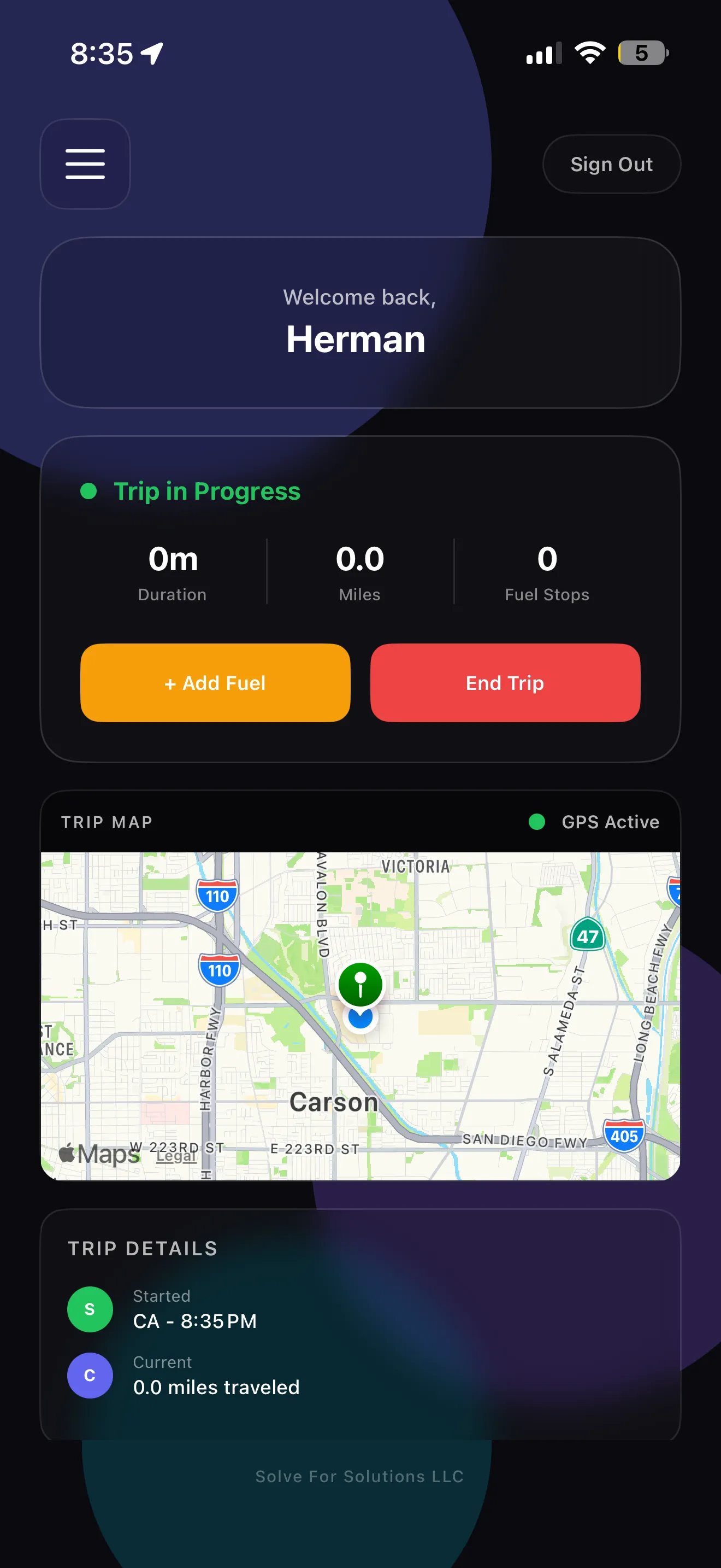 Trip in Progress - Duration, miles, and fuel stops
