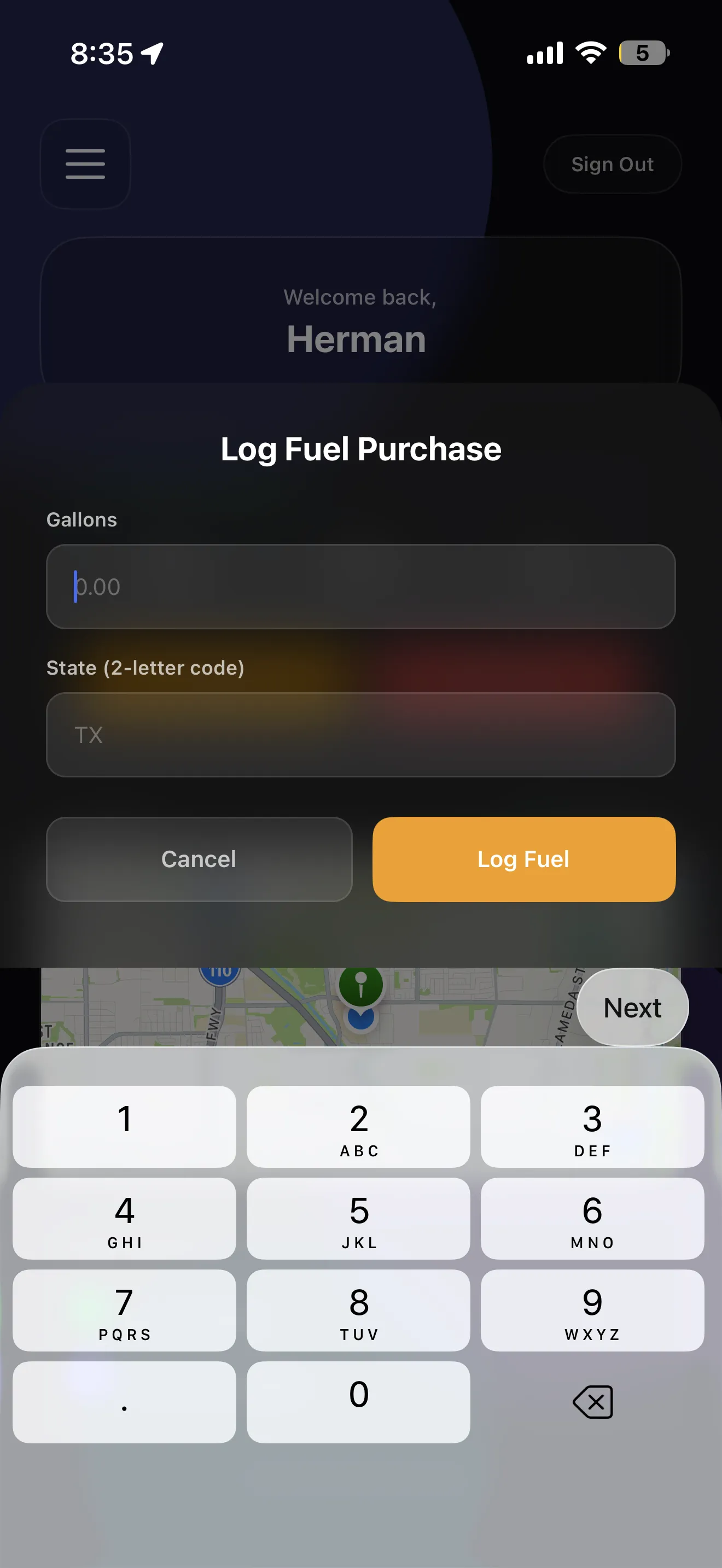 Log Fuel Purchase - Track fuel by state